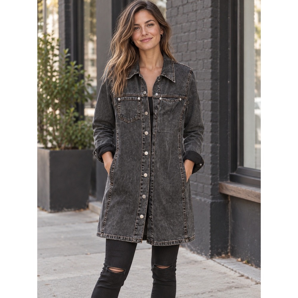 WHITEROOM + CACTUS Washed Black Denim Long Shacket Women M 90s Grunge